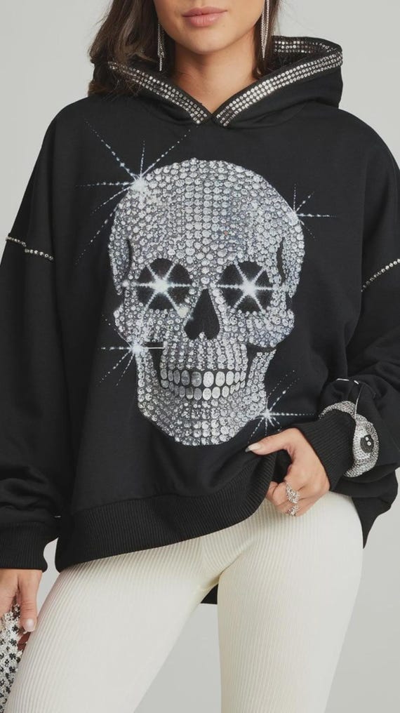 Rhinestone Skull Hoodie, Y2K Oversized Zip Up Sweatshirt, Gothic Harajuku Style