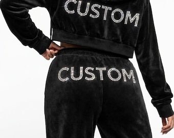 Custom Rhinestone Velour Tracksuit Set | Personalized Cropped Hoodie Joggers