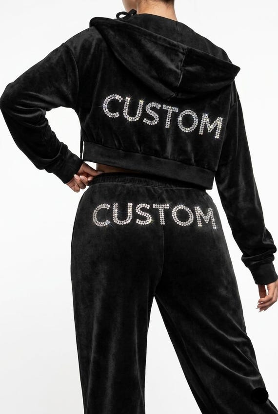Custom Rhinestone Velour Tracksuit Set | Personalized Cropped Hoodie Joggers