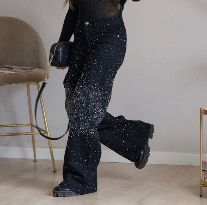 Cascading Rhinestone Pants Rhinestone Wide Leg Jeans | Sparkle Ombre Denim - Custom Hand-set ...