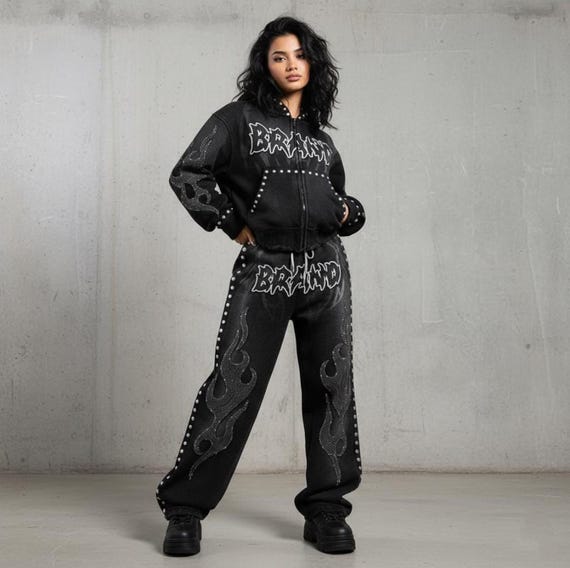 Rhinestone Tracksuit | Y2K Flare Set, Hand-Placed Crystals