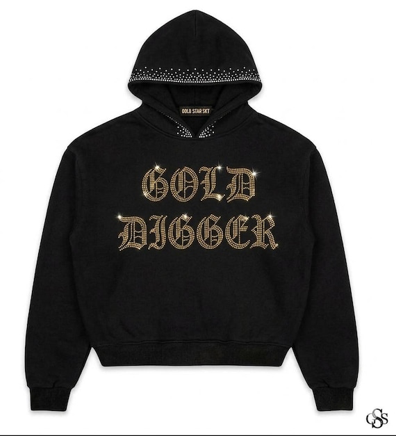 Custom Rhinestone Hoodie | Y2K Gold Digger Streetwear Sweatshirt