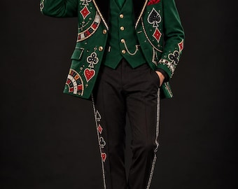 Luxe casinopak met strasssteentjes, groene fluwelen blazer, broek, vest en stropdas, Las Vegas-pak