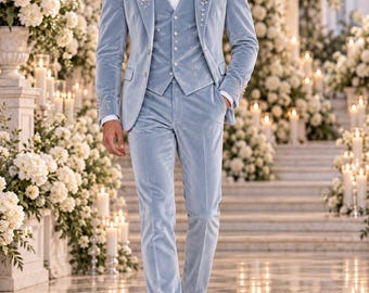 Custom Light Blue Velvet Groom Suit: Rhinestone Embroidered Tuxedo (Made to Measure)