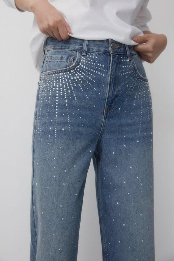 Rhinestone Wide Leg Jeans, Y2K Crystal Denim Trousers