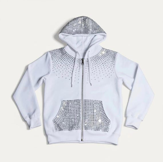 Crystal Rhinestone Hoodie | Hand-Placed Embellishments, Couture Zip-Up