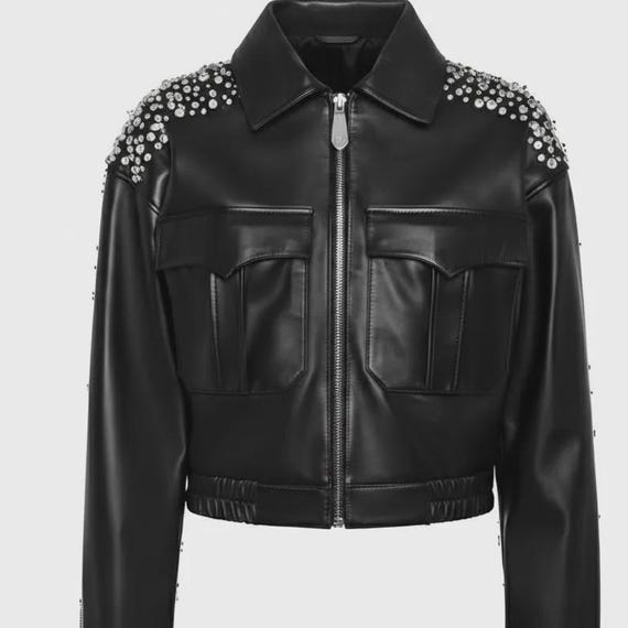 Rhinestone Embellished Vegan Leather Cropped Bomber Jacket | Crystal Shoulder Streetwear Coat