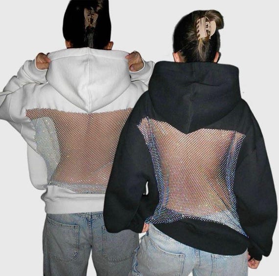 Rhinestone Mesh Hoodie | Oversized Custom Sparkle Sweatshirt - Y2K Glitch Aesthetic | Luxury Streetwear Gift for Her - Ethical & Handmade