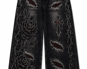Pantalones vaqueros anchos estilo gótico con pedrería personalizada, color negro lavado con cristales y rosas.