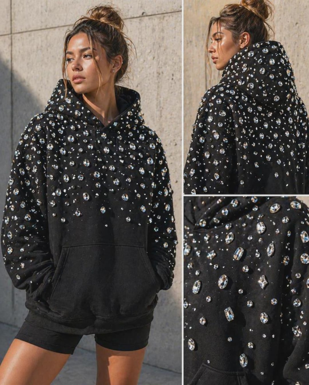 Custom Crystal Embellished Hoodie | Oversized Luxury Sweatshirt