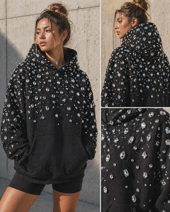 Custom Crystal Embellished Hoodie | Oversized Luxury Sweatshirt, Hand-Set Glass Gems