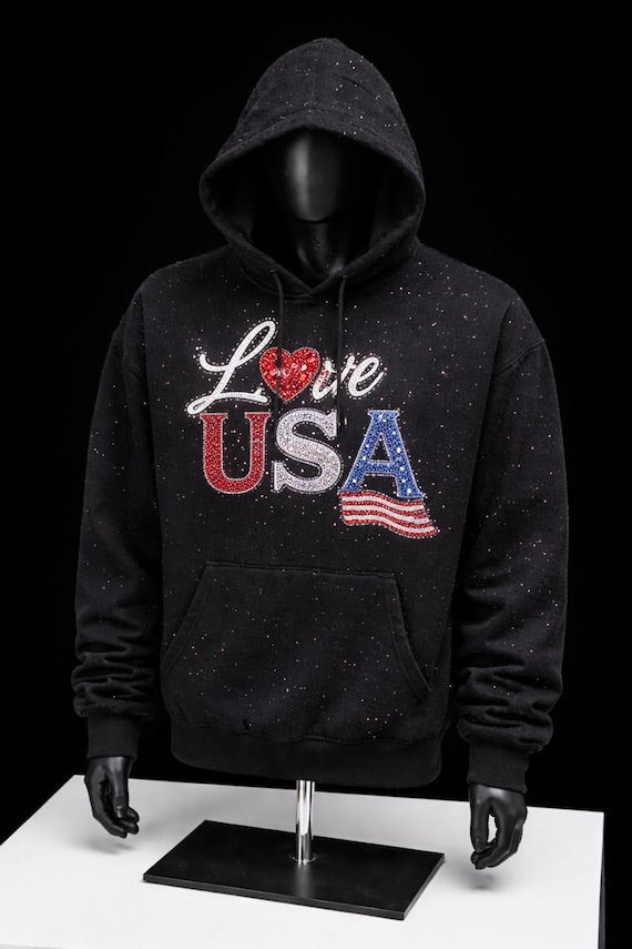 Luxury Rhinestone USA Hoodie, Patriotic Independence Day Bling Sweatshirt