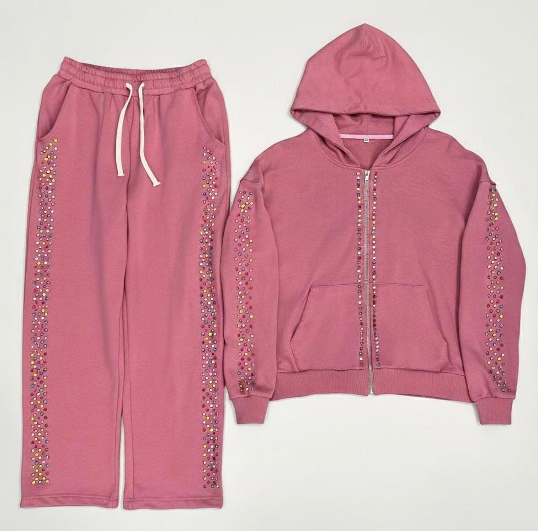 Dusty Rose Rhinestone Tracksuit | Hand-set Crystal Hoodie & Jogger Set ...