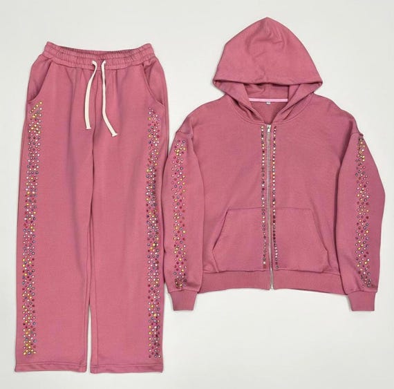 Dusty Rose Rhinestone Tracksuit | Hand-Set Crystal Hoodie & Jogger Set gf gift