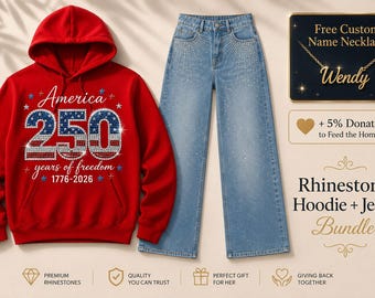America 250 Rhinestone Hoodie and Jeans Bundle | Custom Necklace (1776-2026)