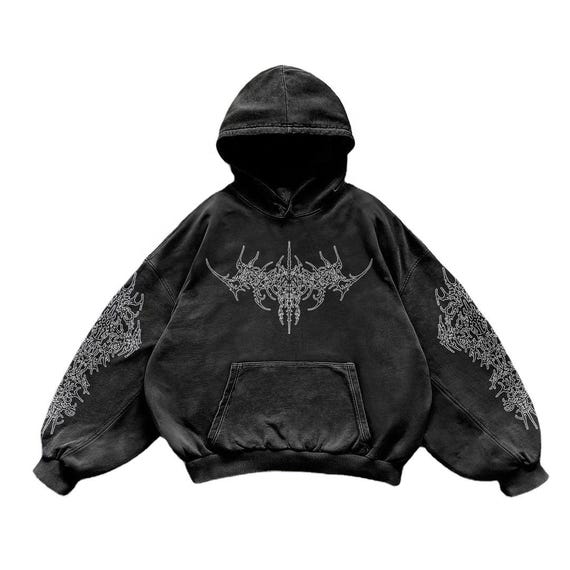Custom Gothic Tribal Hoodie | Heavyweight Acid Wash Pullover | Cyber Streetwear Couture