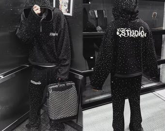 Hoodieset met strassteentjes, oversized Y2K zwart trainingspak