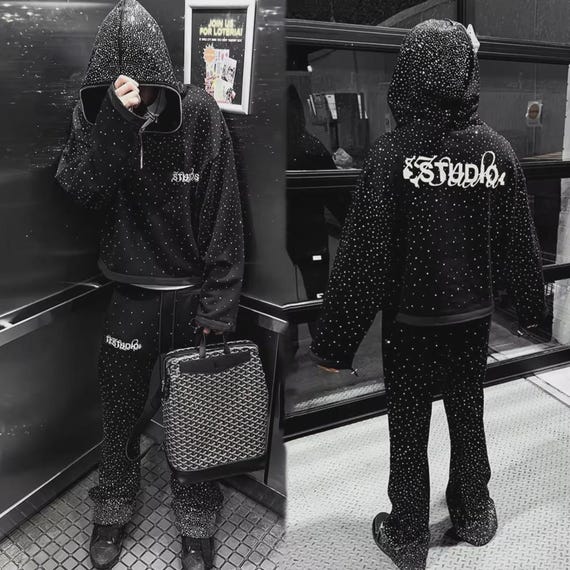 Rhinestone Hoodie Set, Oversized Y2K Black Tracksuit