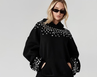 Hoodie met strass-skelet: Y2K oversized sweatshirt met rits