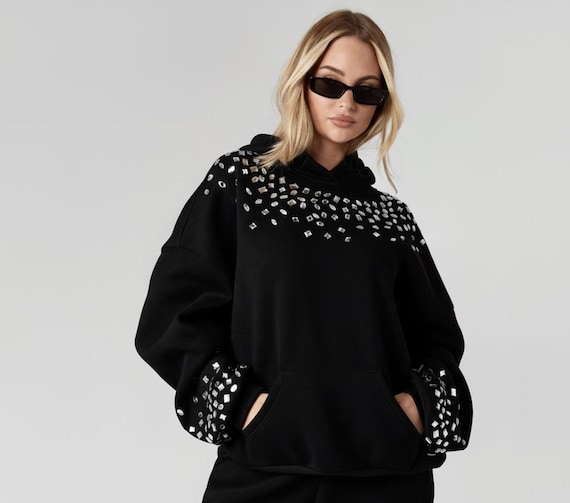 Rhinestone Skeleton Hoodie: Y2K Oversized Zip-Up Sweatshirt