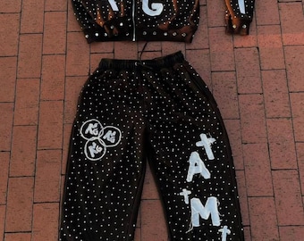 Trainingspakset met strassteentjes: Y2K Gothic-hoody, joggingbroek met wijde pijpen
