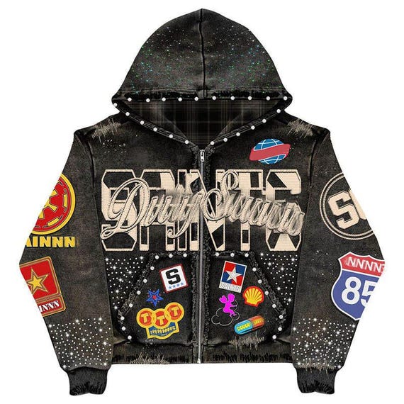 Custom Crystal Embellished Hoodie • Comic Patchwork Streetwear Couture Zip-Up Easter Gift