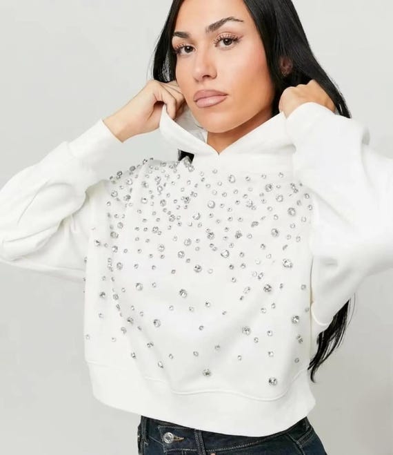 White Rhinestone Hoodie | Y2K Luxury Crystal Sweatshirt
