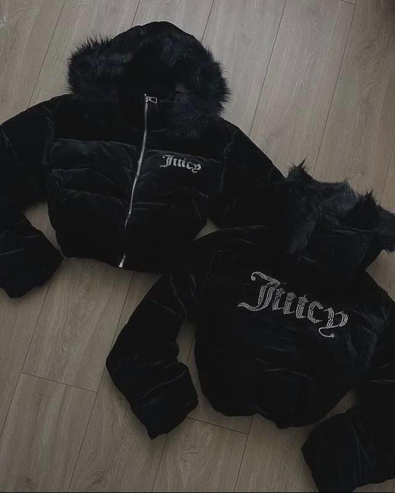 Rhinestone Juicy Puffer | Velvet Y2K Crop Jacket - Custom Faux Fur Parka