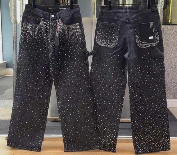 Rhinestone Cargo Jeans: Black Baggy Y2K Streetwear