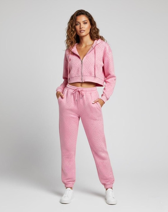 Pink Rhinestone Tracksuit – Cropped Hoodie & Jogger Set