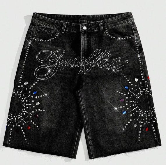 Graffiti Rhinestone Denim Jorts | Y2K Baggy Streetwear, Crystal Embellished Shorts
