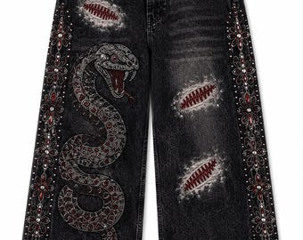 Rhinestone Snake Denim Jeans in Acid Wash Black Gothic Style