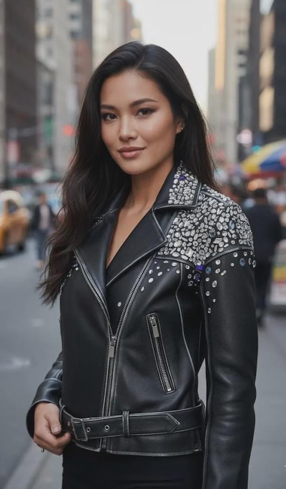 Custom Rhinestone Jacket | Hand-Embellished Leather Moto Jacket - Personalized Gift for Her | Luxury Statement Heavy Crystal Outerwear
