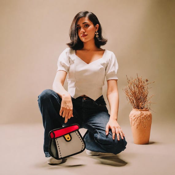 SliceTote Red Cartoon Handbag: Water-Resistant PU Leather and Oxford Crossbody Bag