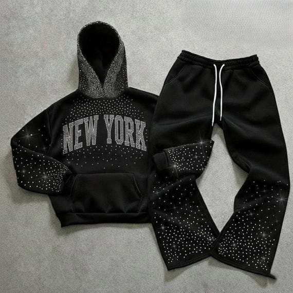 Rhinestone Star Hoodie Sweatpants Set, Cyber Y2K Tracksuit