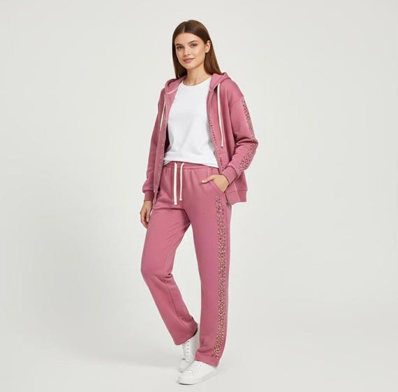 Dusty Rose Rhinestone Tracksuit | Hand-Set Crystal Hoodie & Jogger Set