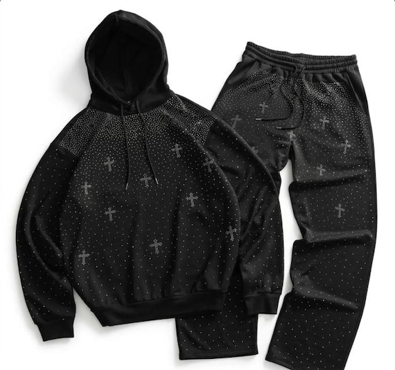 Custom Rhinestone Cross Tracksuit: Y2K Gothic Hoodie and Sweats – Grunge Streetwear Loungewear
