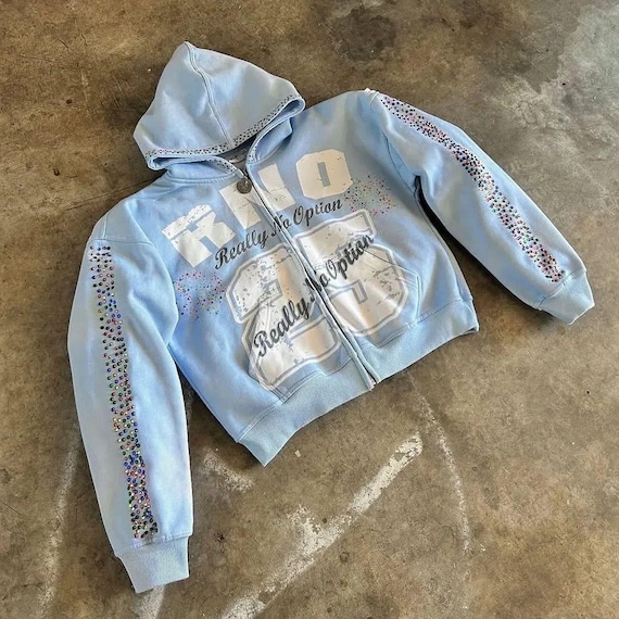 Blue Rhinestone Zip Up Hoodie | Y2K Distressed Streetwear Sweatshirt