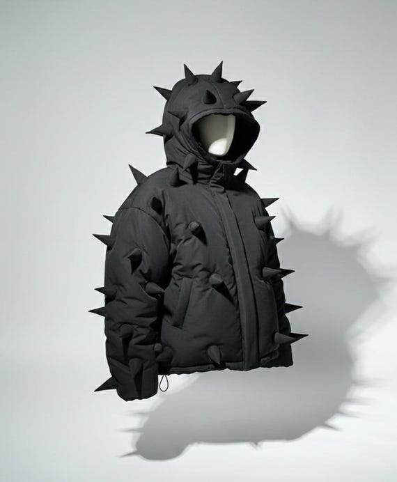 Handmade Sculptural Spike Puffer Hoodie | Avant-Garde Couture Parka