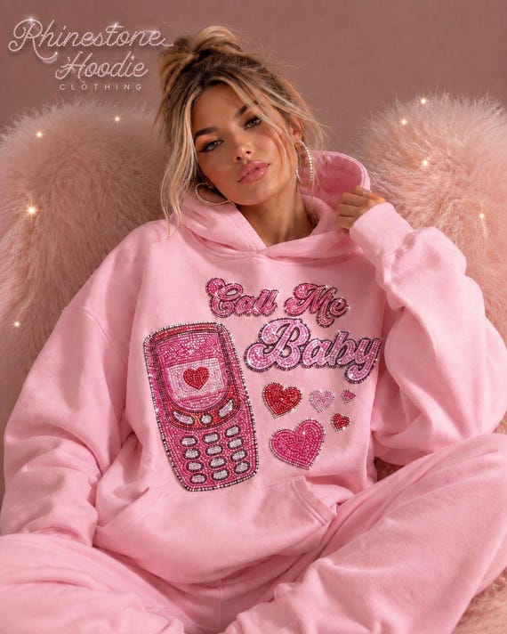 Y2K Rhinestone Hoodie | Custom Pink Call Me Baby Sweatshirt - Oversized Aesthetic Streetwear | Personalized 2000s Glitter Hooded Pullover
