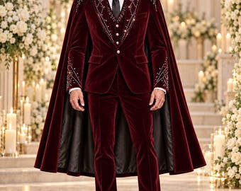 Burgundy Velvet Groom Suit with Cape: Rhinestone Gothic Wedding Ensemble