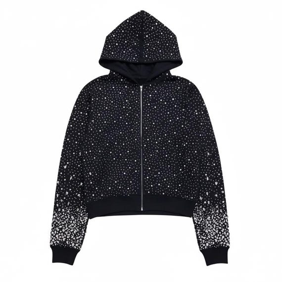 Custom Y2K Rhinestone Zip Up Hoodie | Oversized Goth Grunge