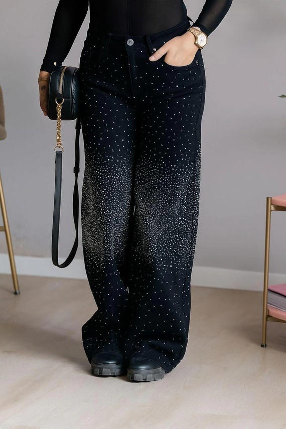 Rhinestone Wide Leg Jeans | Sparkle Ombre Denim - Custom Hand-Set Crystal Pants