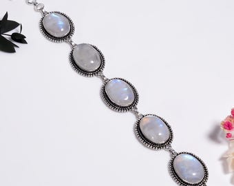 Moonstone Bracelet Sterling Silver Oxidized , Handmade Rainbow Moonstone Jewelry ,Minimalist Gift For Her