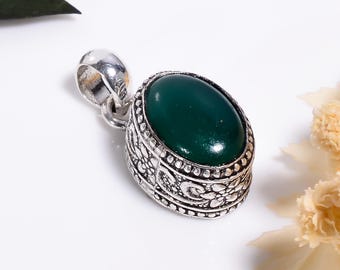Green Jade Pendant Sterling Silver,Oxidized Vintage Style,Natural Handmade Gemstone Jewelry