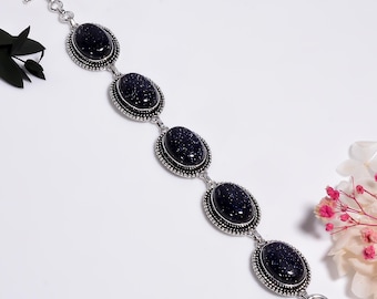 Oxidized Sterling Silver Bracelet with Blue Sandstone ,Handmade Gemstone Jewelry ,Boho Style Gift