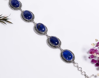 Bransoletka z oksydowanego lapis lazuli ze srebra próby 925, ręcznie robiona biżuteria srebrna w stylu boho, prezent dla niej