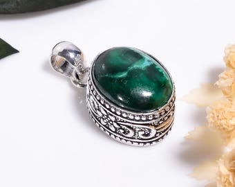 Malachite Pendant Sterling Silver ,Oxidized Vintage ,Handmade Gemstone Jewelry