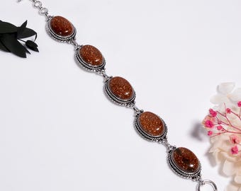 Golden Sandstone Sterling Silver Bracelet, Oxidized Handmade Gemstone Jewelry,Boho Gift