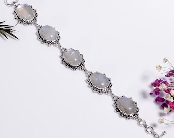 Moonstone Bracelet 925 Sterling Silver Oxidized Jewelry For Women,Boho Vintage Gift For Her